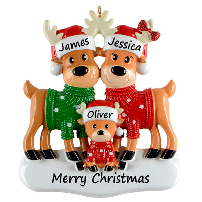 Personalized Christmas Sweater Reindeer Family of 3 Ornament