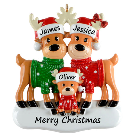 Personalized Christmas Sweater Reindeer Family of 3 Ornament