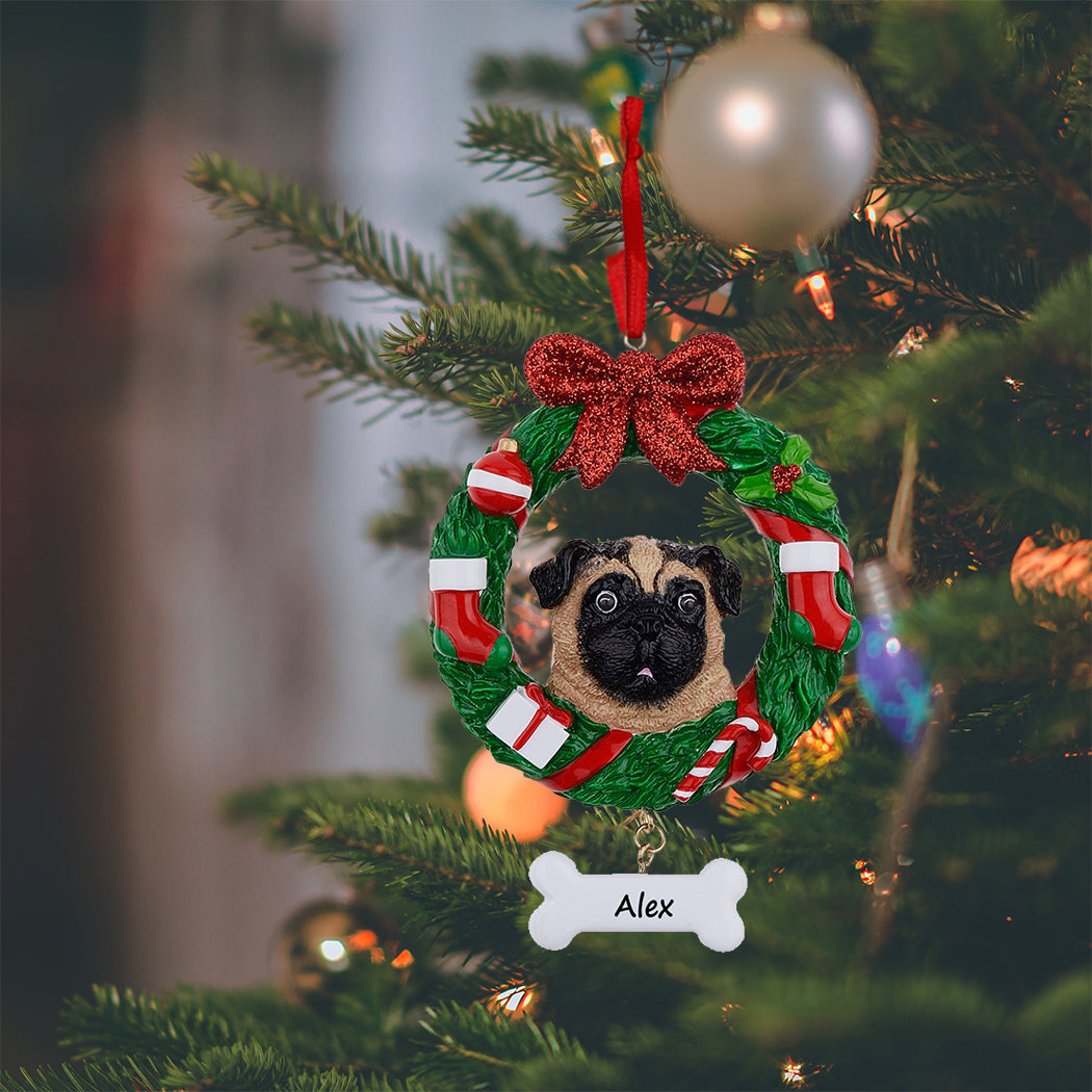 Personalized Yellow Pug Christmas Wreath Ornament