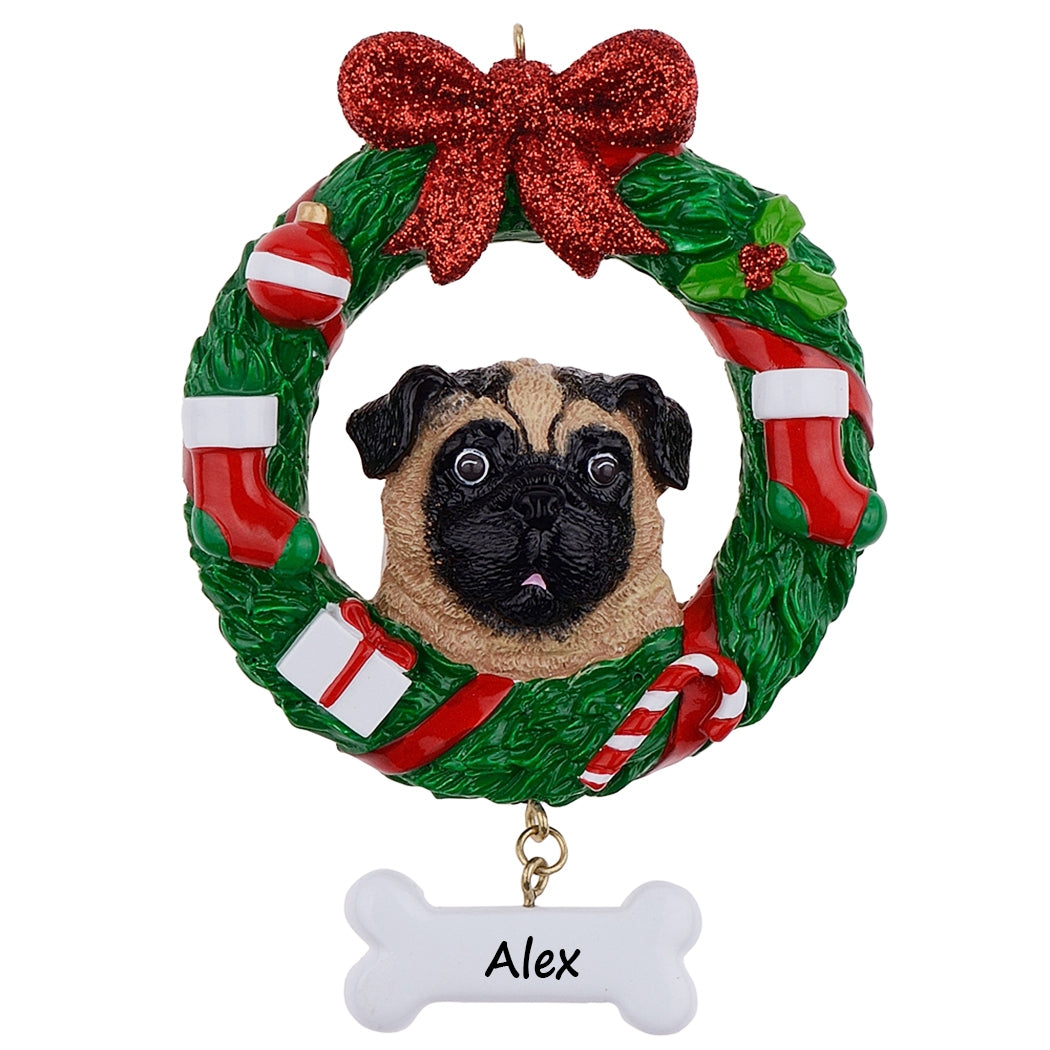 Personalized Yellow Pug Christmas Wreath Ornament