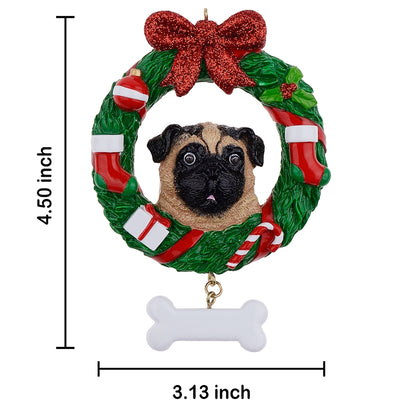 Personalized Yellow Pug Christmas Wreath Ornament