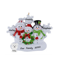 Load image into Gallery viewer, Personalized Christmas Ornament Snowman Family with Snowflake Family 3

