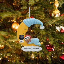 Load image into Gallery viewer, Personalizd Baby&#39;s 1st Christmas Gift Ornament Baby Boy Sleep in Moon Dark Skin
