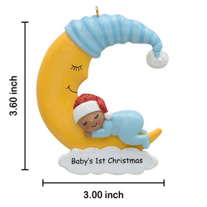 Personalizd Christmas Ornament Baby Boy Sleep in Moon Dark Skin
