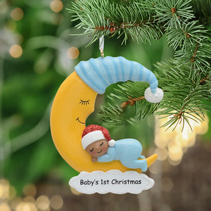 Personalizd Baby's 1st Christmas Gift Ornament Baby Boy Sleep in Moon Dark Skin