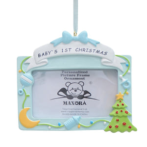 Personalized Ornament Baby's 1st Christmas Photo Frame Blue