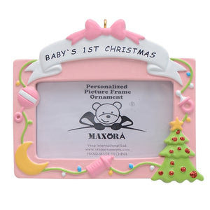 Personalized Ornament Baby's 1st Christmas Photo Frame Pink