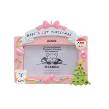 Load image into Gallery viewer, Personalized Ornament Baby&#39;s 1st Christmas Photo Frame Pink
