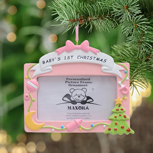 Personalized Ornament Baby's 1st Christmas Photo Frame Pink