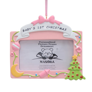 Personalized Ornament Baby's 1st Christmas Photo Frame Pink