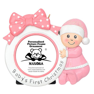 Baby's First Christmas Gift Bow Photo Frame Personalized Ornament