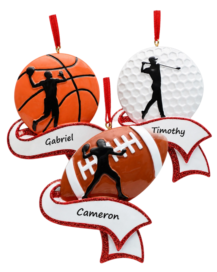 Personalized sports ornaments for basketball, golf and football fans